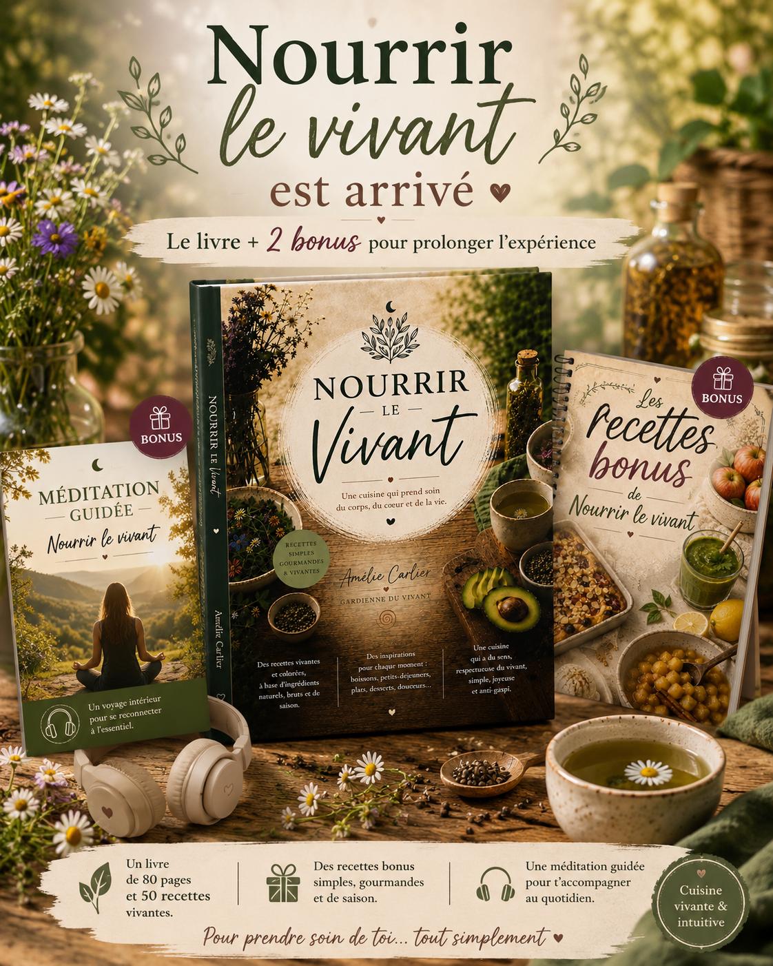 Livre Nourrir le vivant d’Amélie Carlier – recettes de cuisine vivante, naturelle et végétale